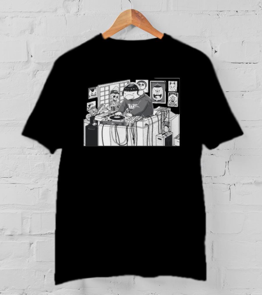 Yokai Beats DJ Mixing In Studio With Japanese Mask Collection T-Shirt