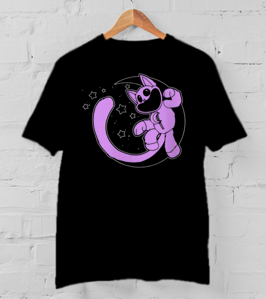Purple Cartoon Cat With Stars And Moon T-Shirt