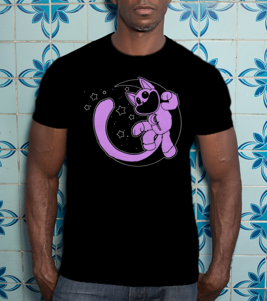 Purple Cartoon Cat With Stars And Moon T-Shirt