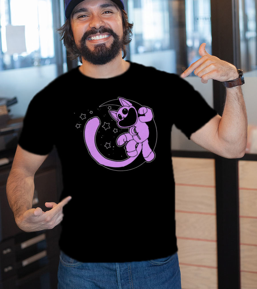 Purple Cartoon Cat With Stars And Moon T-Shirt