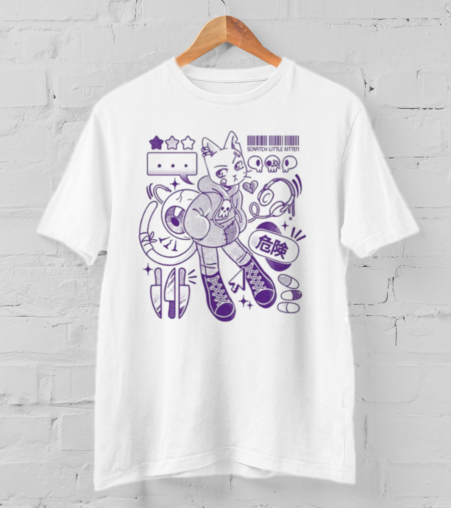 Theyetee Scratch Little Kitten Danger Barcode Skull Stars T-Shirt