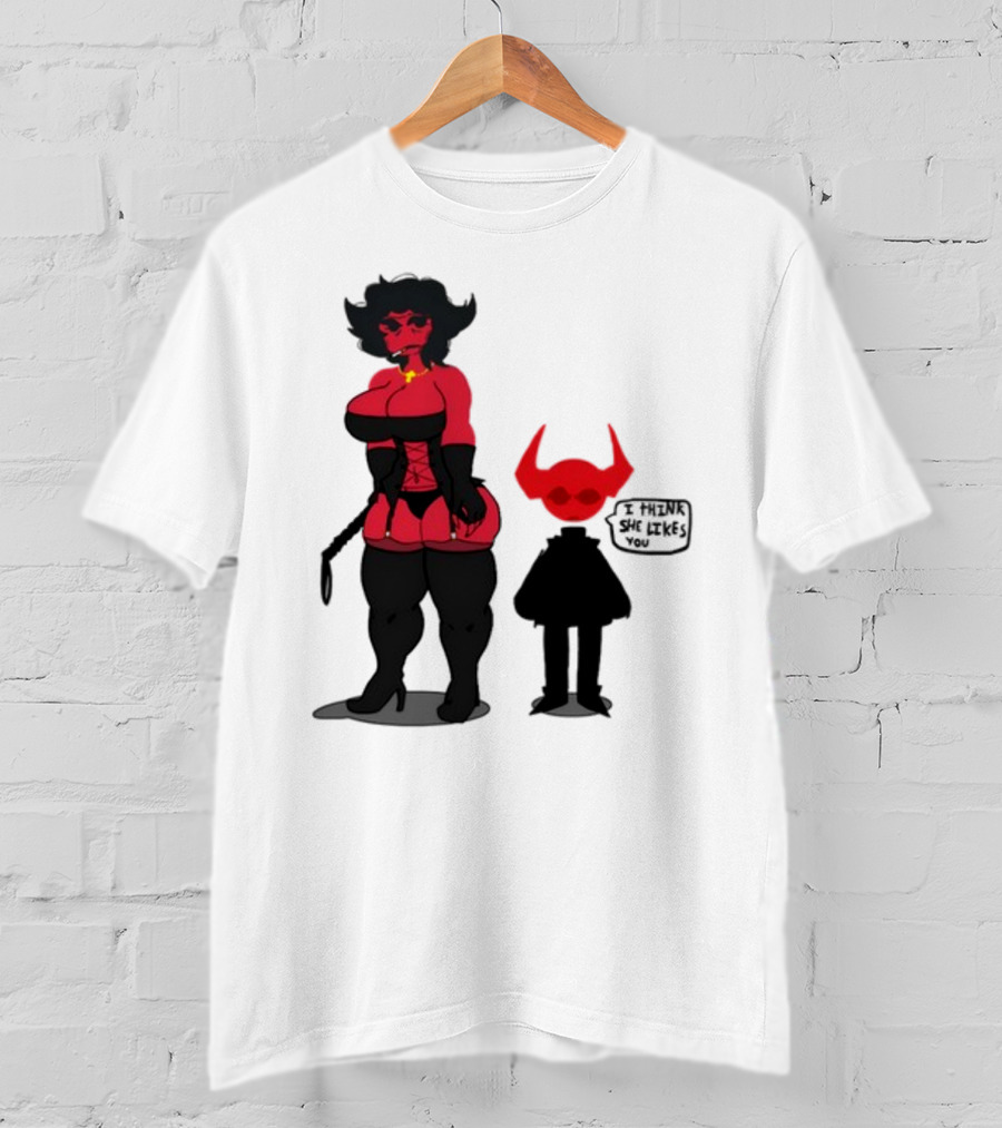 Thewboy Red Character With Devil Horns I Think She Likes You T-Shirt