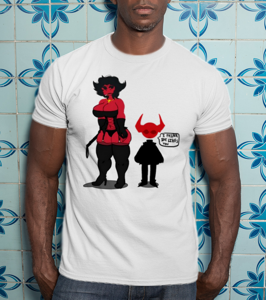 Thewboy Red Character With Devil Horns I Think She Likes You T-Shirt
