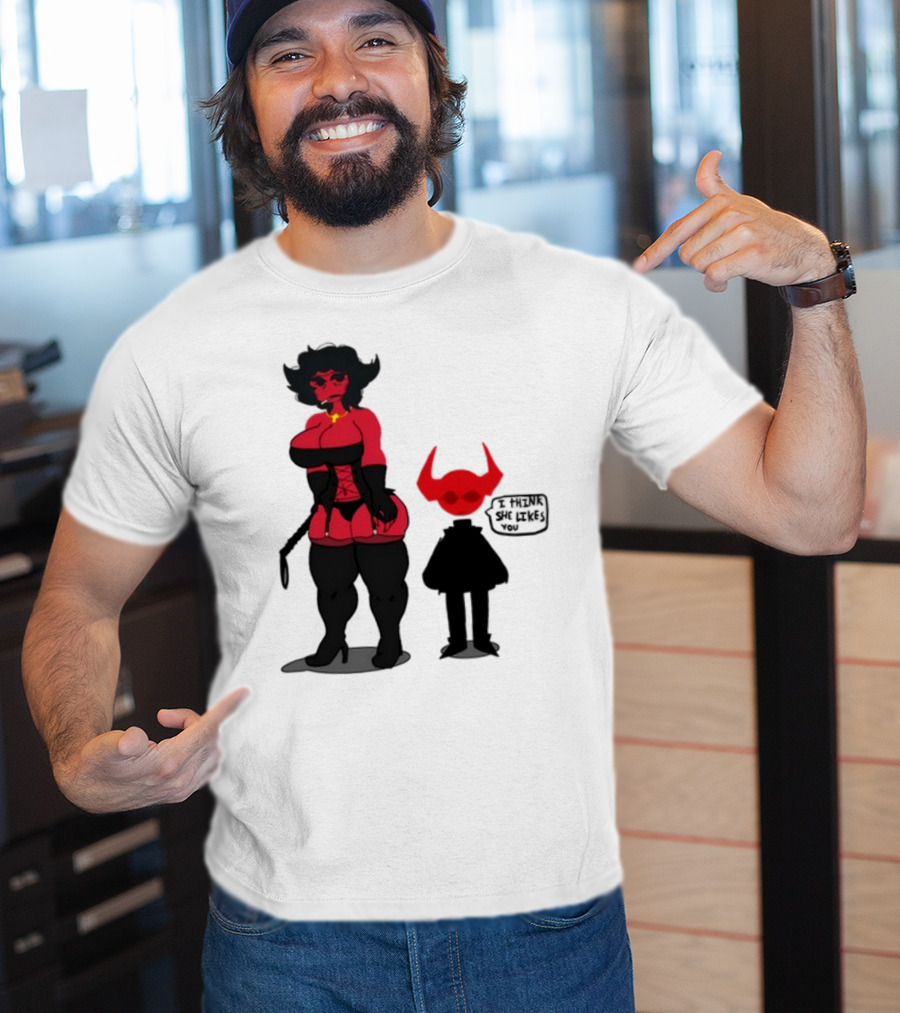 Thewboy Red Character With Devil Horns I Think She Likes You T-Shirt
