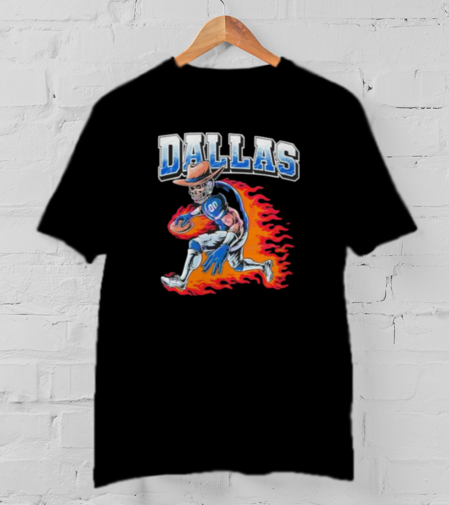 Dallas Cowboy Football Skeleton Player In Flames T-Shirt