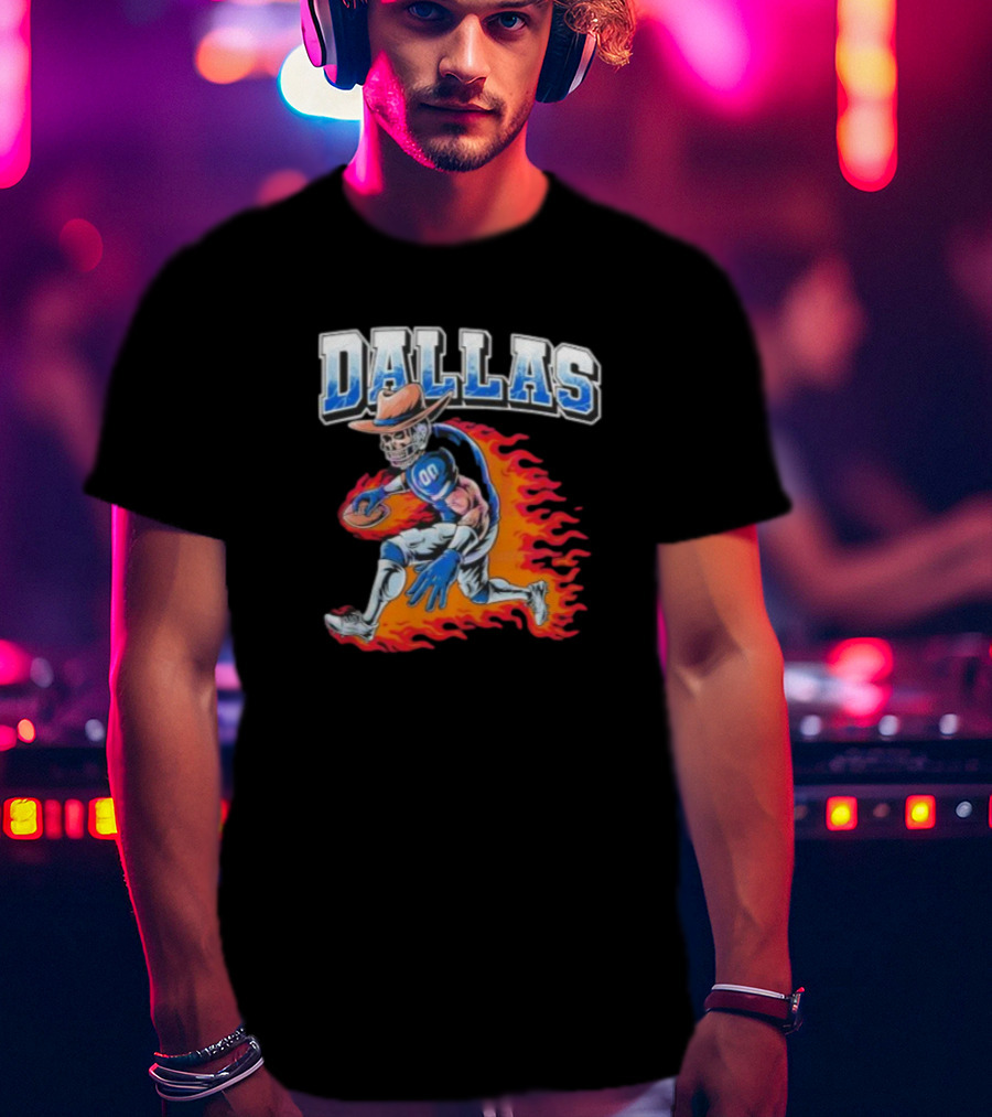 Dallas Cowboy Football Skeleton Player In Flames T-Shirt