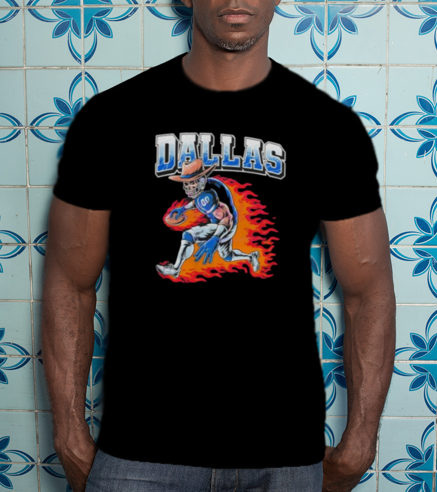 Dallas Cowboy Football Skeleton Player In Flames T-Shirt