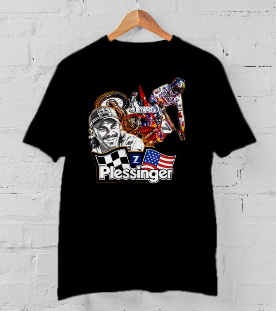 Plessinger American Motocross Racer With Flags And Checkered T-Shirt
