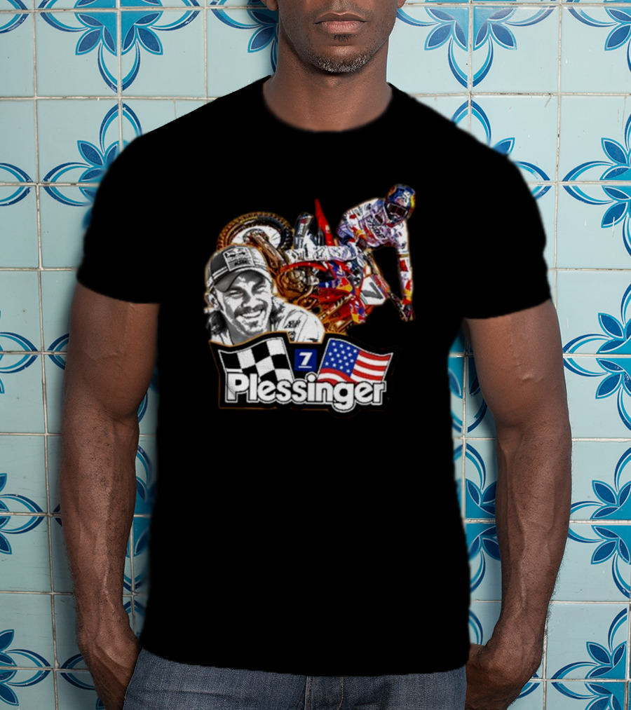 Plessinger American Motocross Racer With Flags And Checkered T-Shirt