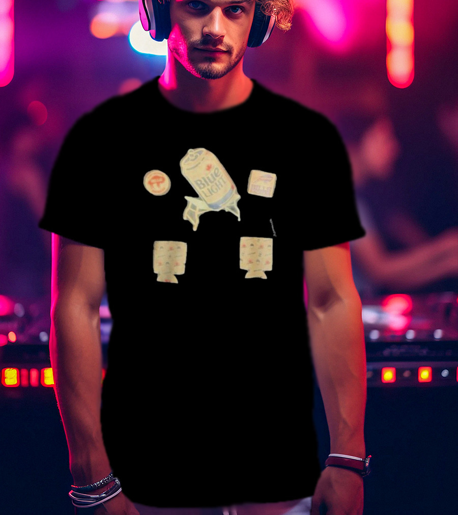 Buffalo Bills Blue Light Beer Can And Logo Elements T-Shirt