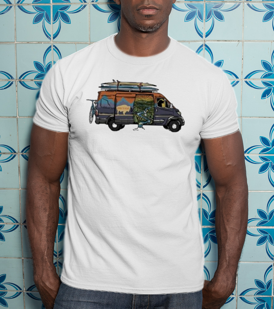 Born To Roam Adventure Camper With Surfboards And Bicycles T-Shirt