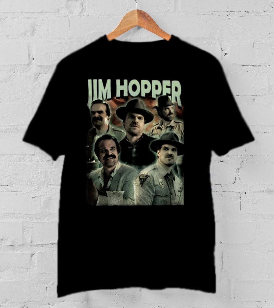 Jim Hopper Vintage Frtingglitter Nostalgic Character Montage T-Shirt