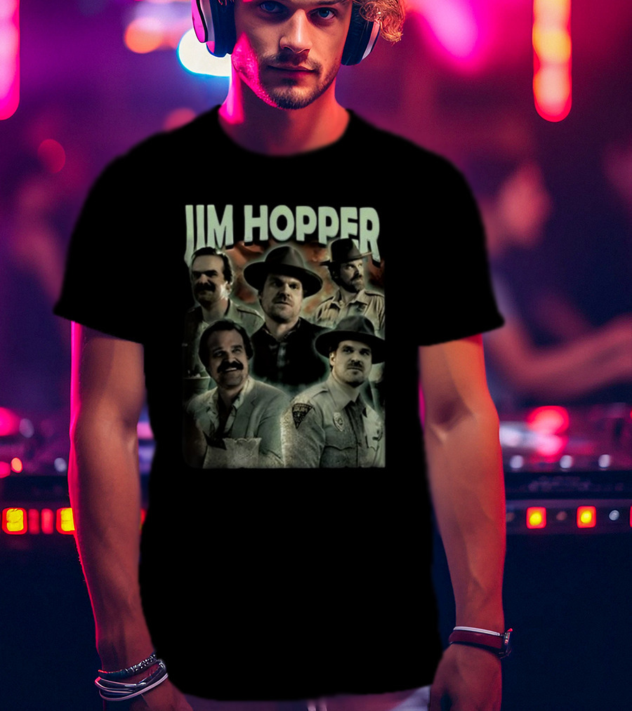 Jim Hopper Vintage Frtingglitter Nostalgic Character Montage T-Shirt
