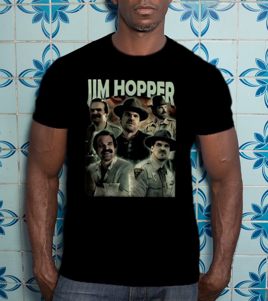 Jim Hopper Vintage Frtingglitter Nostalgic Character Montage T-Shirt