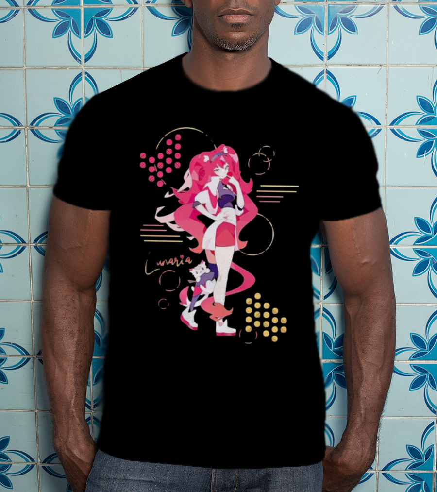 Lunaria Streetwear Pink Hair Girl With Cat And Circles T-Shirt