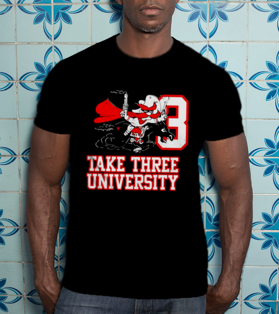 Take Three University Cowboy Mascot With Dual Pistols Number 3 T-Shirt