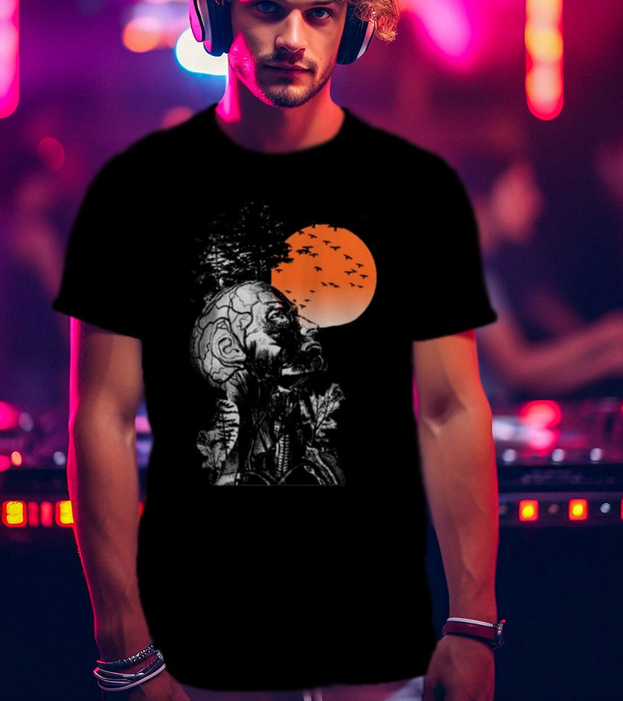 Hangover Alan Human Anatomy Tree Brain Pattern Orange Moon Dark Khaki T-Shirt