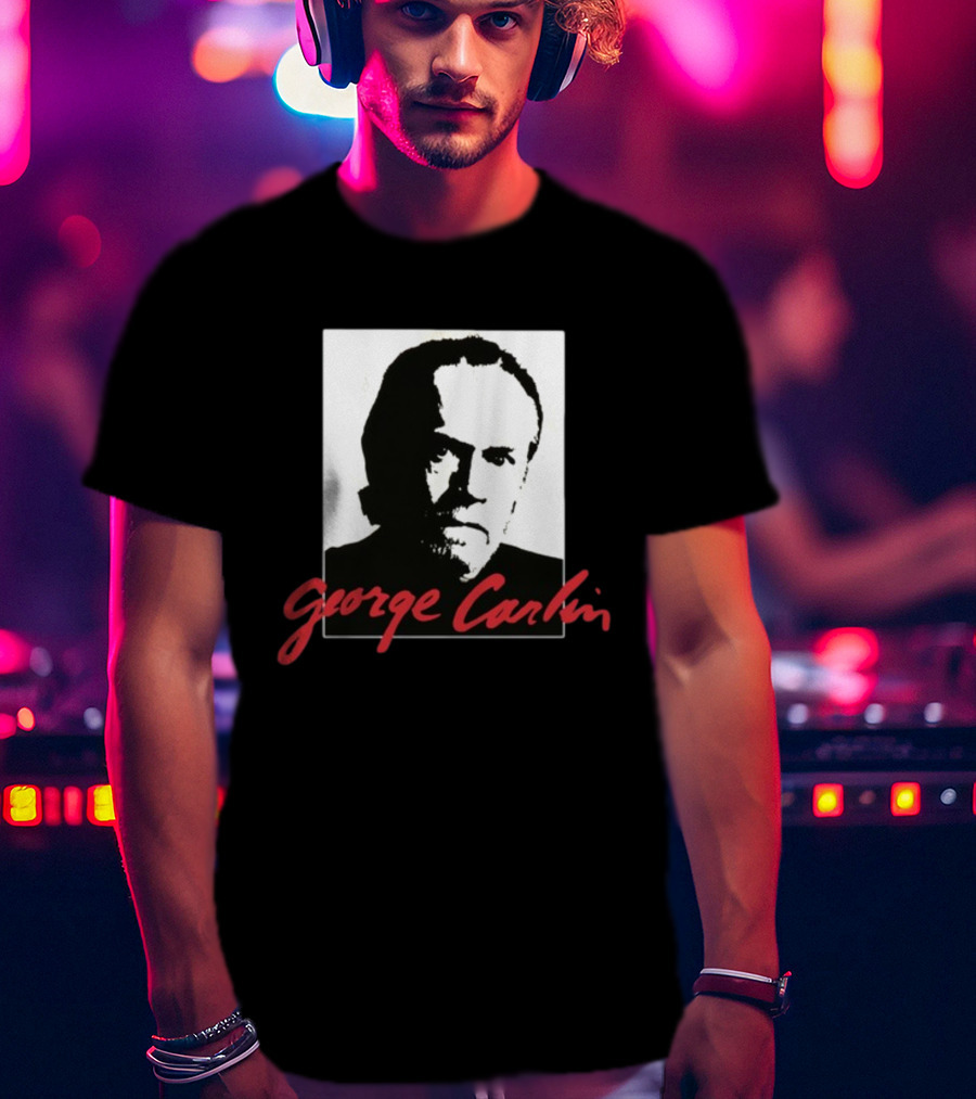 George Carlin Sometimes A Little Brain Damage Can Help Black And White Portrait Mike Cessario T-Shirt