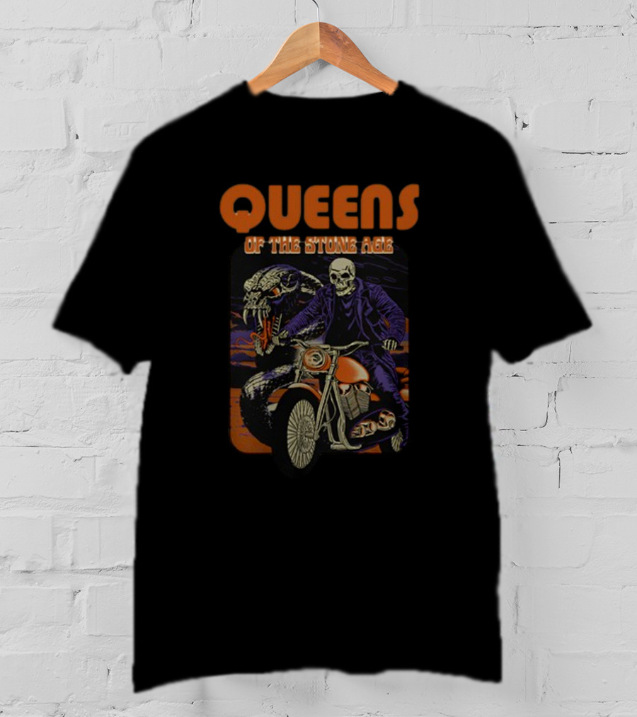 Queens Of The Stone Age Skeleton Biker With Snake Background T-Shirt