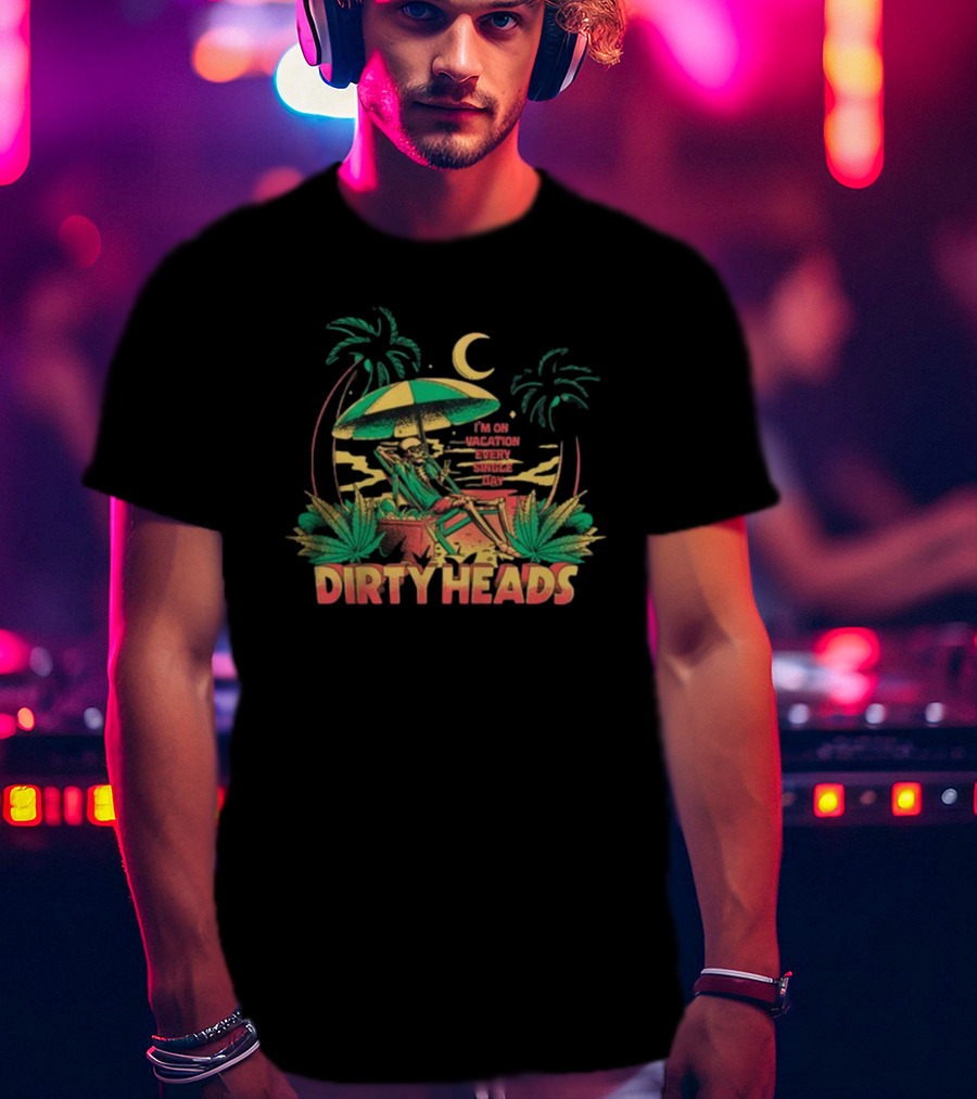 Dirty Heads I'm On Vacation Every Single Day 4-20 Tropical Skeleton Palm Trees Moon T-Shirt
