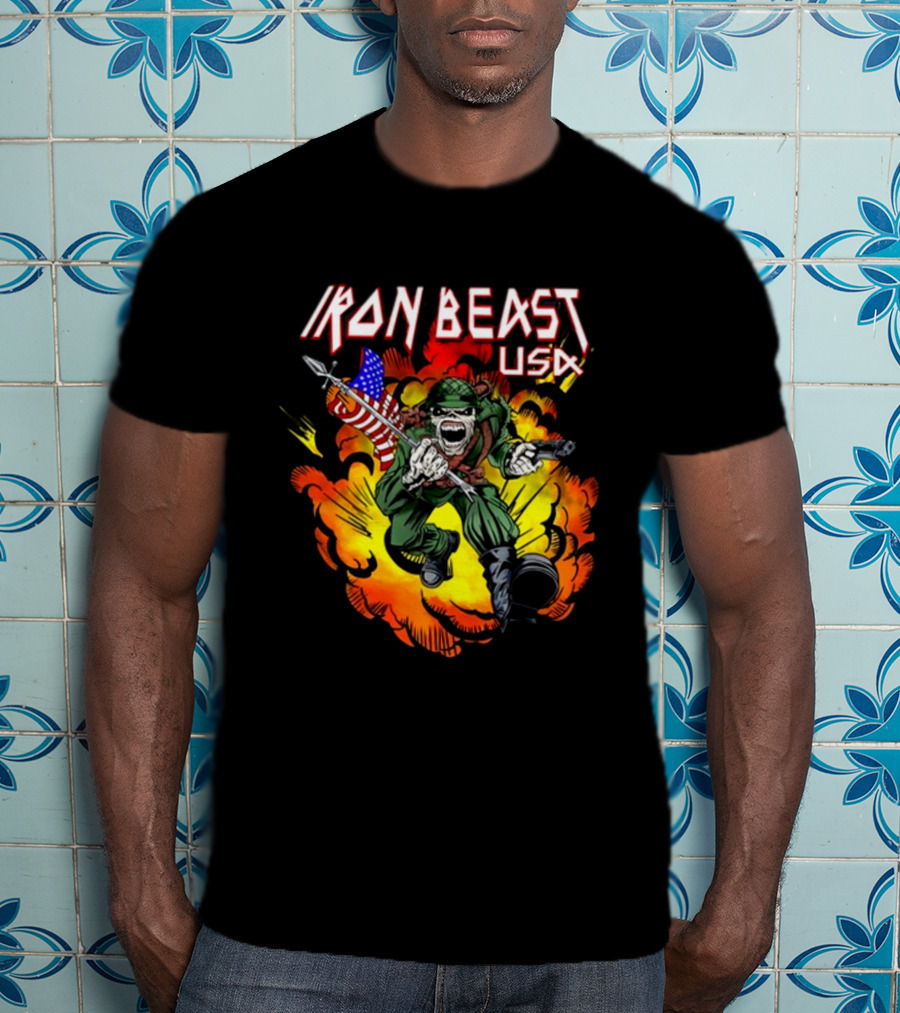 Iron Beast USA Explosive Soldier With American Flag T-Shirt