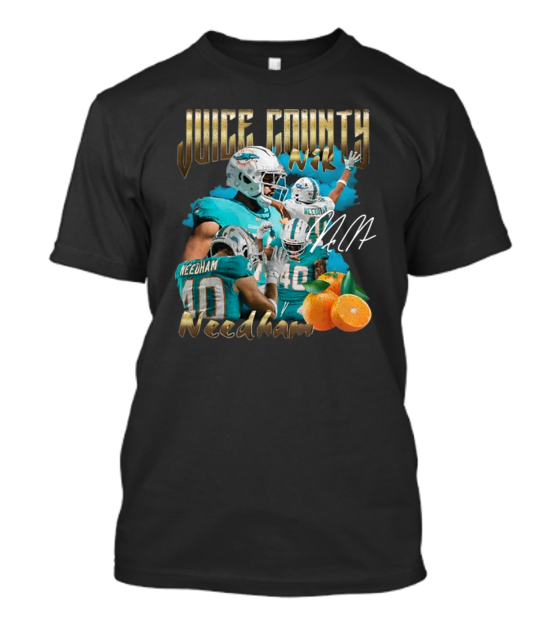 Clincboyzclothing Juice County Nik Needham Dolphins Football Player Signature Oranges T-Shirt