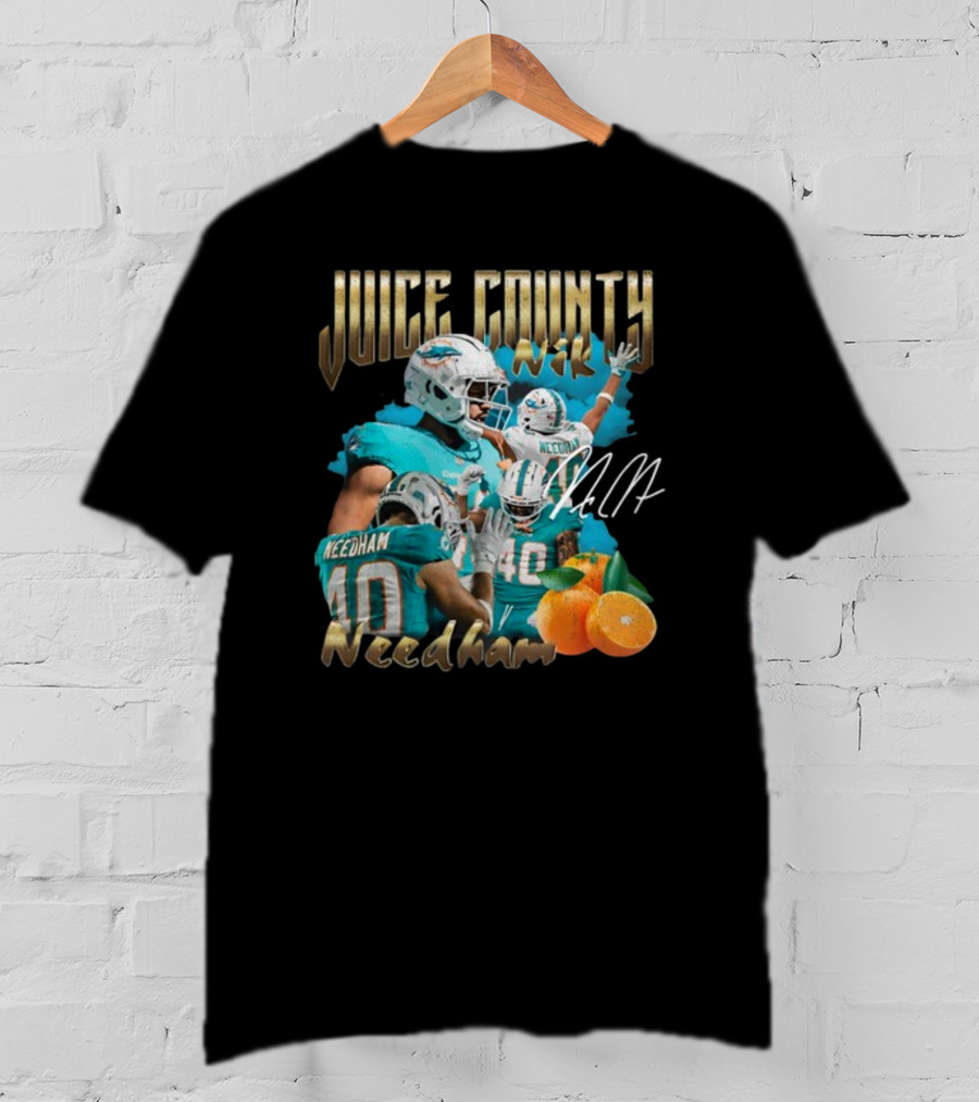 Clincboyzclothing Juice County Nik Needham Dolphins Football Player Signature Oranges T-Shirt