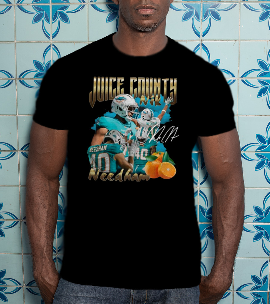 Clincboyzclothing Juice County Nik Needham Dolphins Football Player Signature Oranges T-Shirt