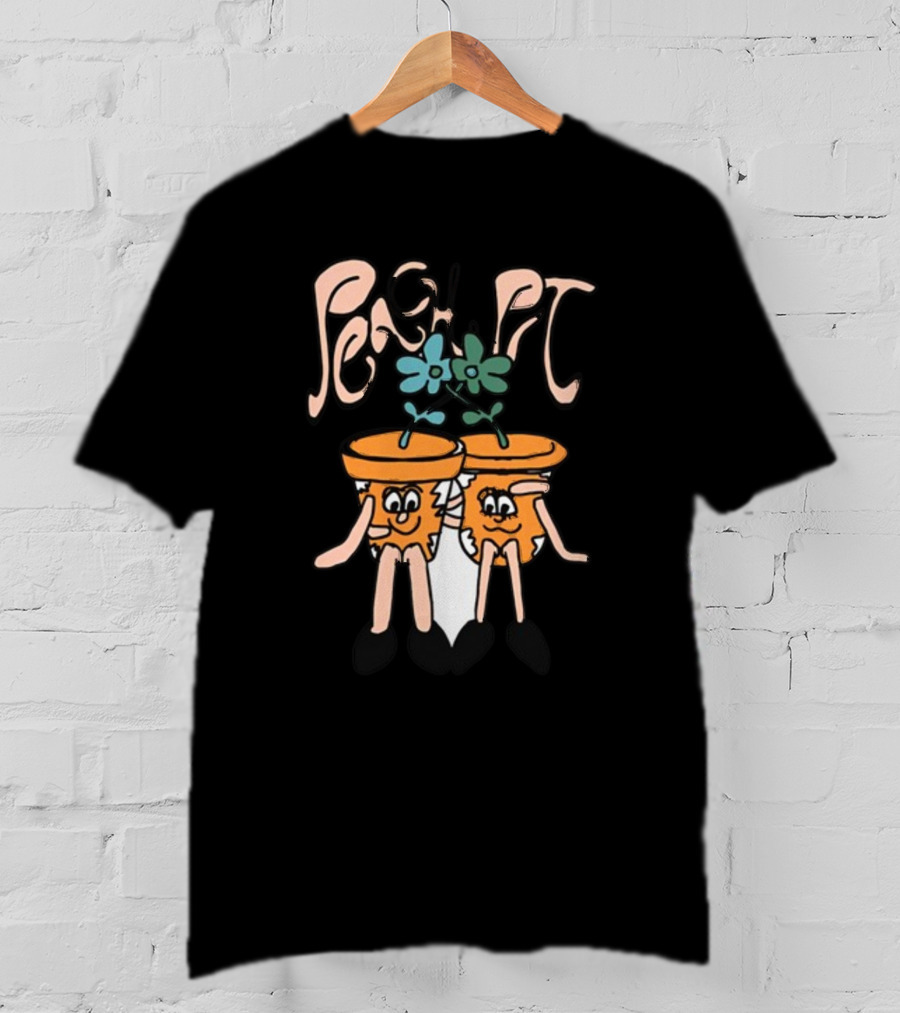 Peach Pit Dancing Flower Pots Duo Playful Cartoon Typography T-Shirt