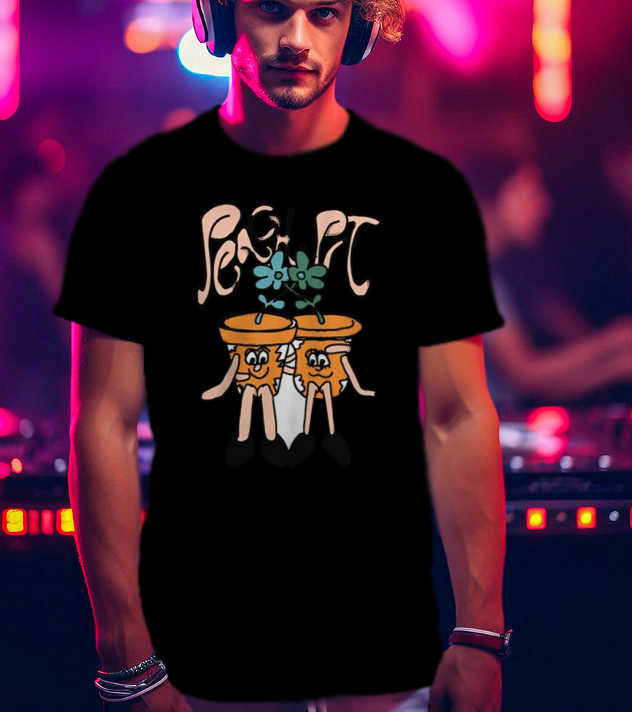 Peach Pit Dancing Flower Pots Duo Playful Cartoon Typography T-Shirt