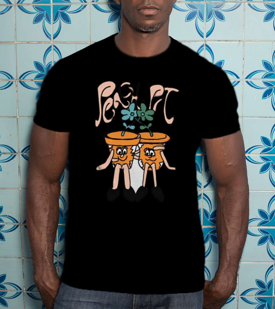 Peach Pit Dancing Flower Pots Duo Playful Cartoon Typography T-Shirt