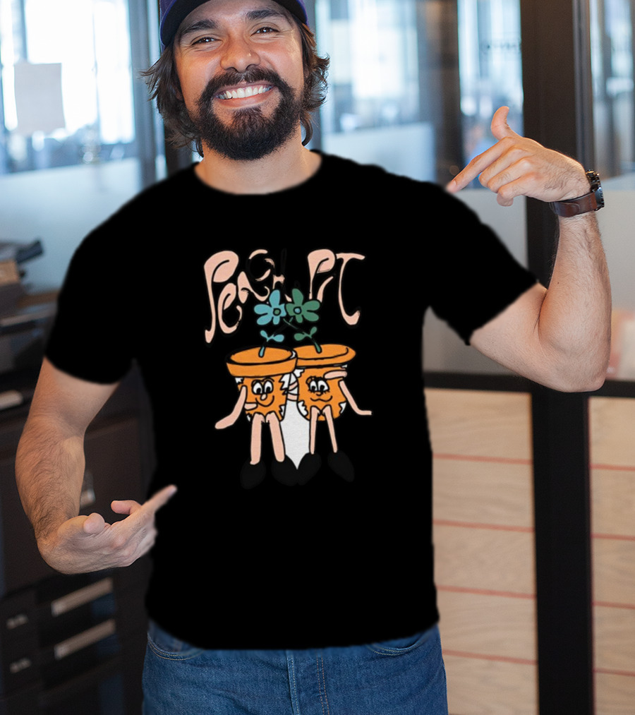 Peach Pit Dancing Flower Pots Duo Playful Cartoon Typography T-Shirt