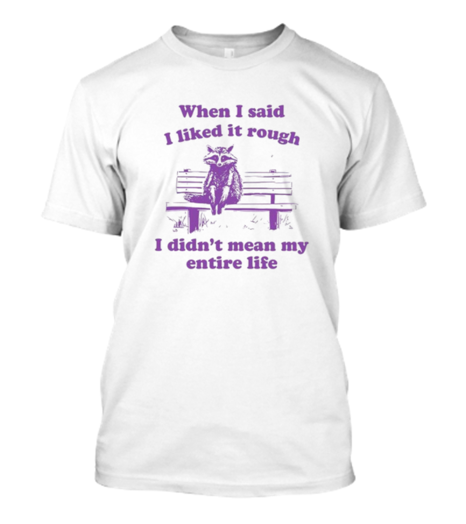 Raccoon Sitting On Bench When I Said I Liked It Rough I Didn't Mean My Entire Life T-Shirt