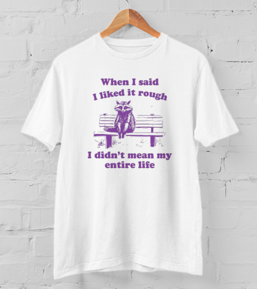 Raccoon Sitting On Bench When I Said I Liked It Rough I Didn't Mean My Entire Life T-Shirt
