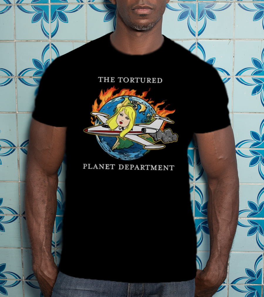THE TORTURED PLANET FLAMING GLOBE AIRPLANE CARICATURE DEPARTMENT T-Shirt