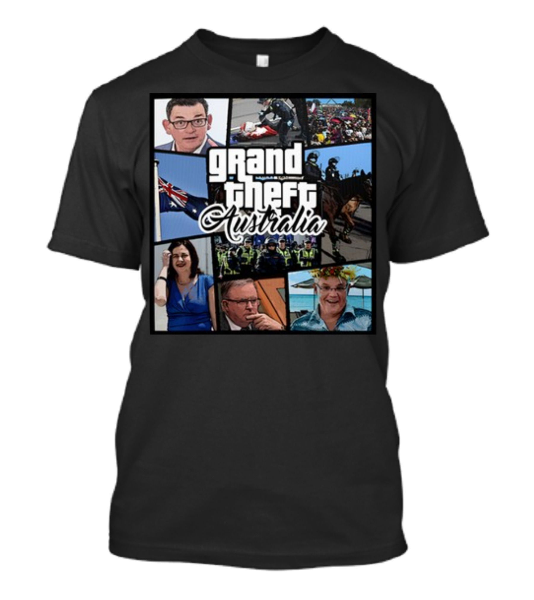 Grand Theft Australia Aussiebotstudio Political And Cultural Satire Collage T-Shirt