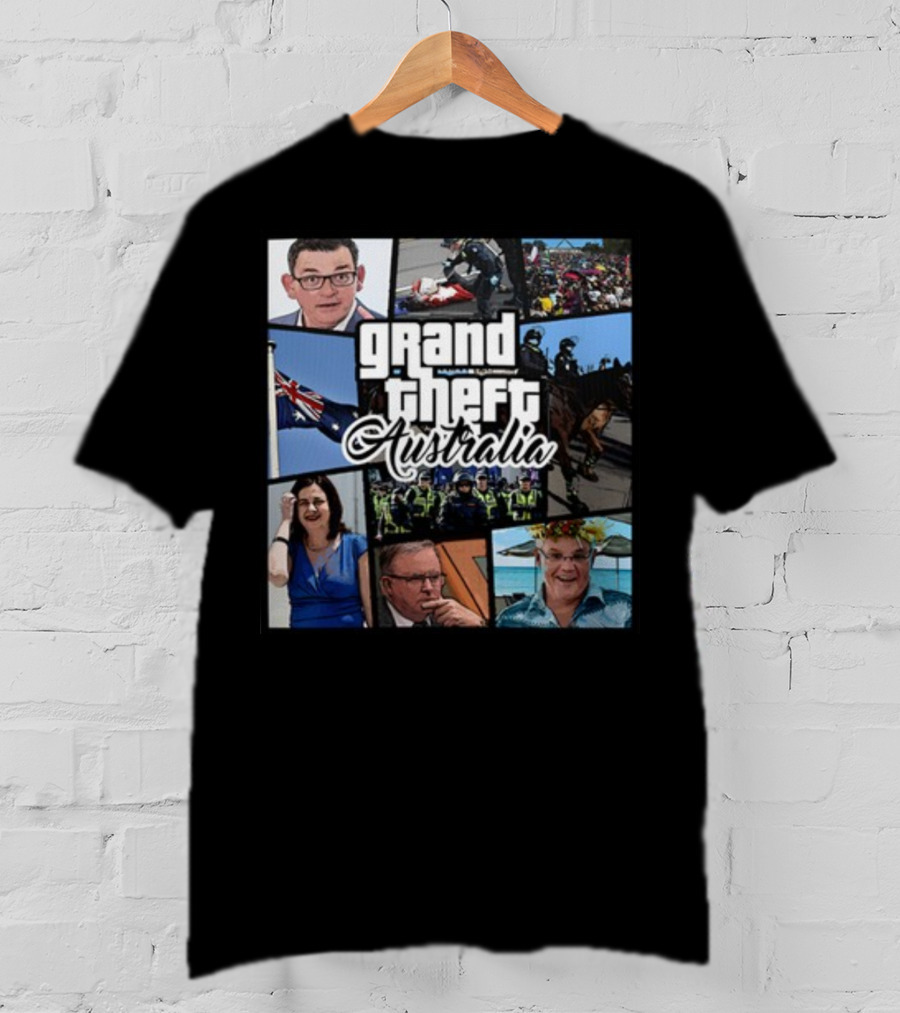 Grand Theft Australia Aussiebotstudio Political And Cultural Satire Collage T-Shirt