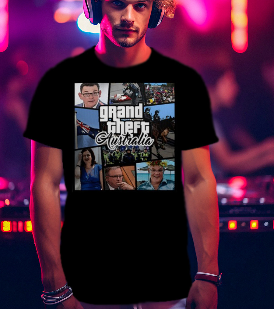 Grand Theft Australia Aussiebotstudio Political And Cultural Satire Collage T-Shirt