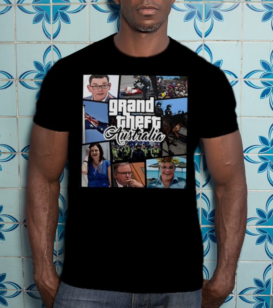 Grand Theft Australia Aussiebotstudio Political And Cultural Satire Collage T-Shirt