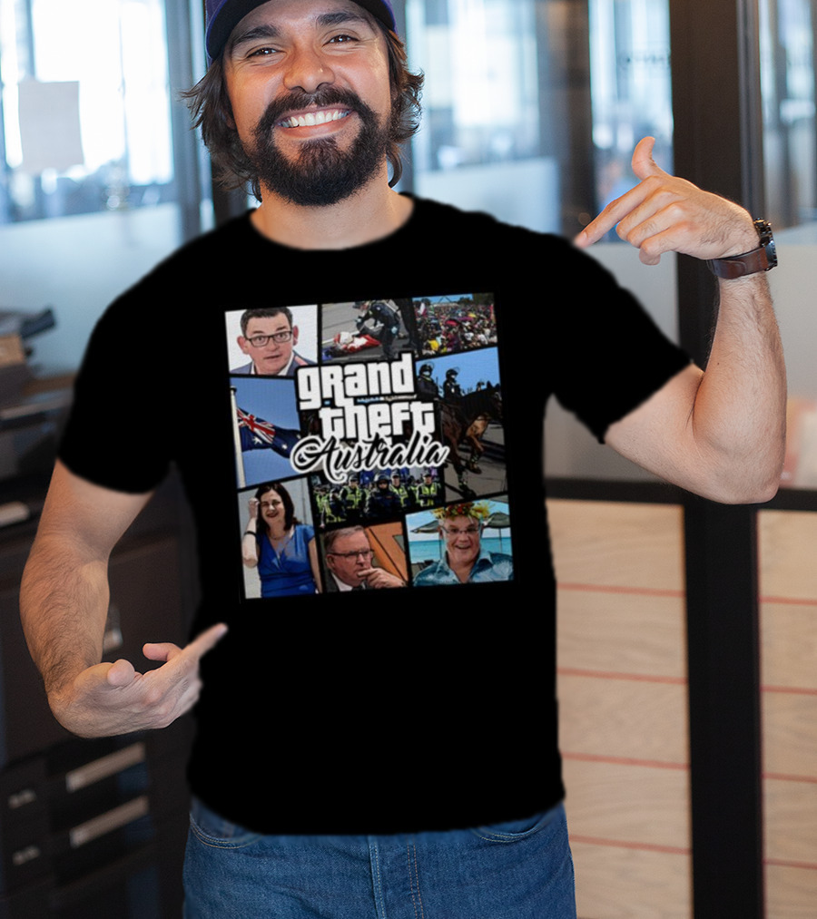 Grand Theft Australia Aussiebotstudio Political And Cultural Satire Collage T-Shirt
