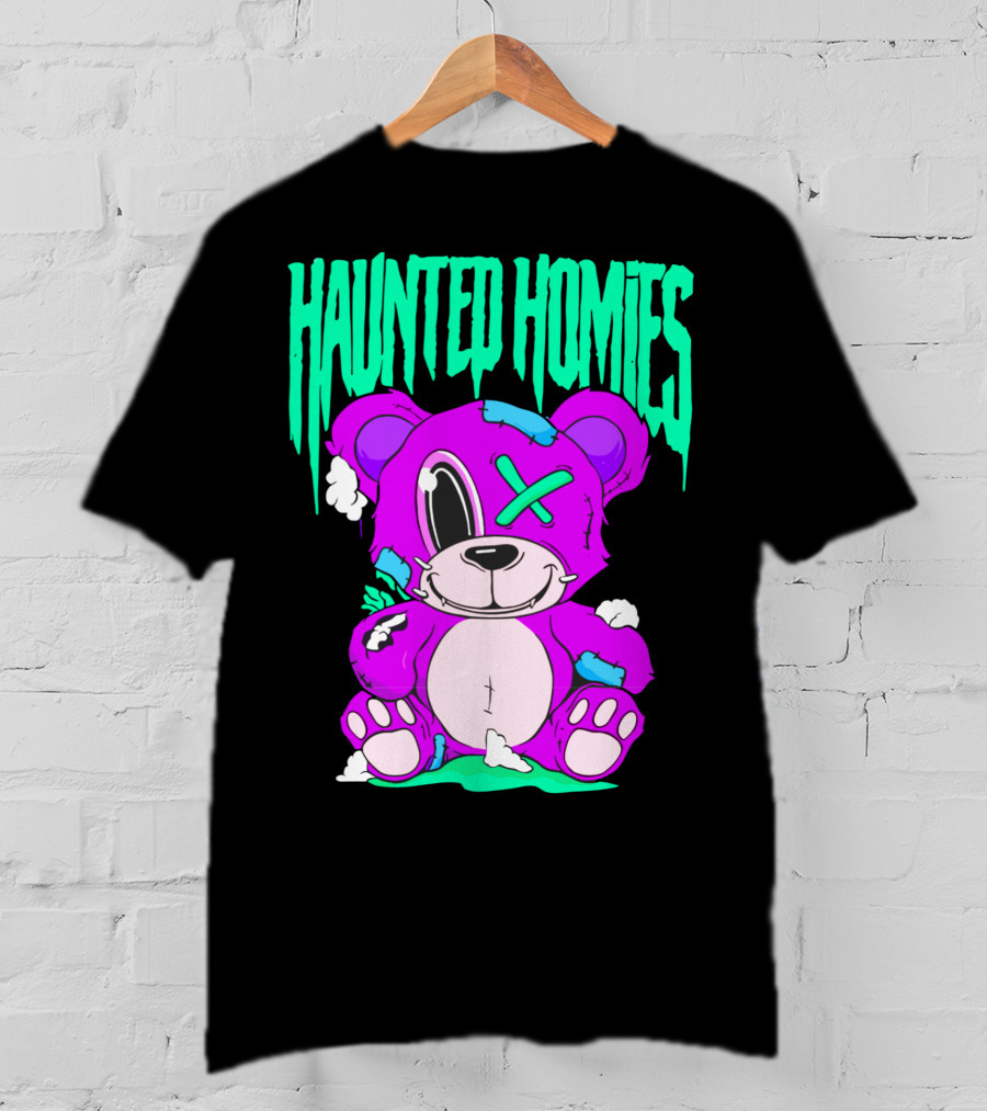 HAUNTED HOMIES Purple Teddy Bear Crossed Eye Patchwork T-Shirt