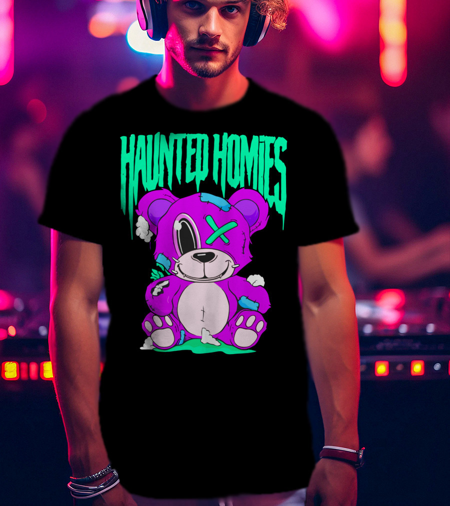 HAUNTED HOMIES Purple Teddy Bear Crossed Eye Patchwork T-Shirt