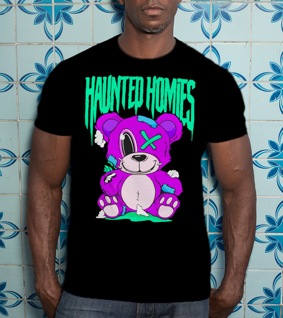 HAUNTED HOMIES Purple Teddy Bear Crossed Eye Patchwork T-Shirt