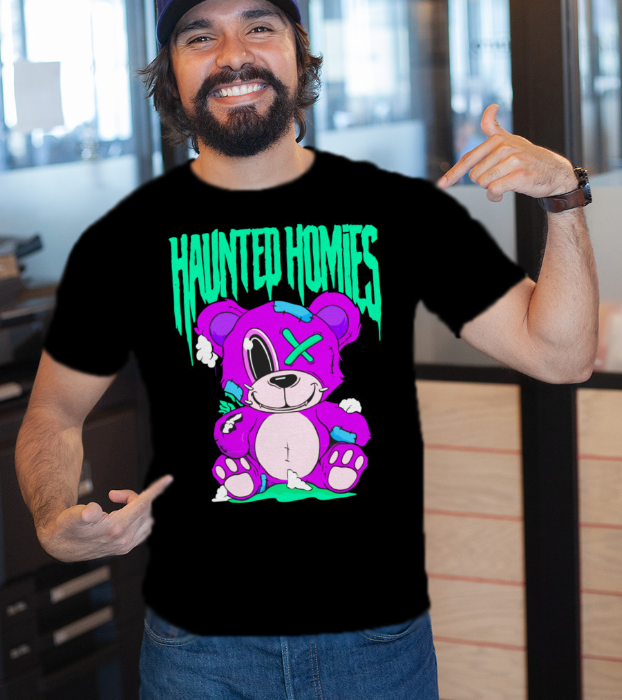 HAUNTED HOMIES Purple Teddy Bear Crossed Eye Patchwork T-Shirt