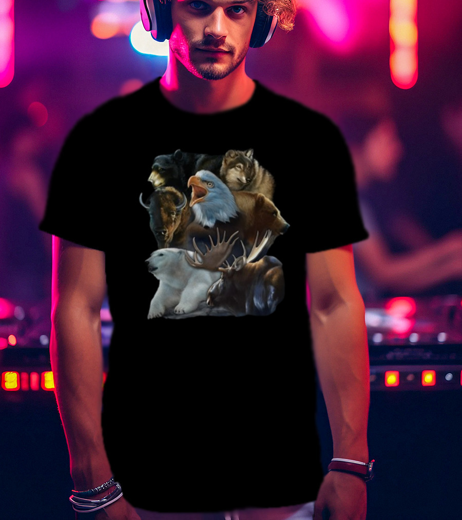 Wild Animal Collage Bear Wolf Eagle Moose Bison Polar Bear Crewneck T-Shirt