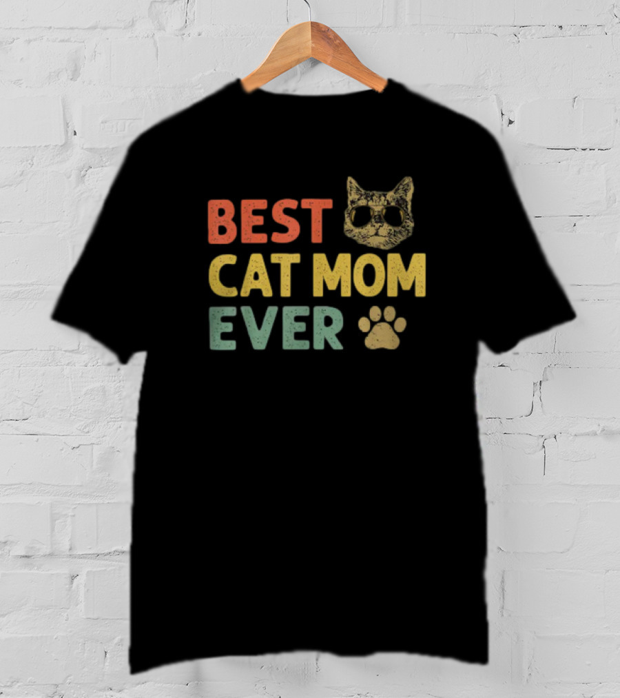 Best Cat Mom Ever Vintage Cat With Sunglasses And Paw Prints T-Shirt