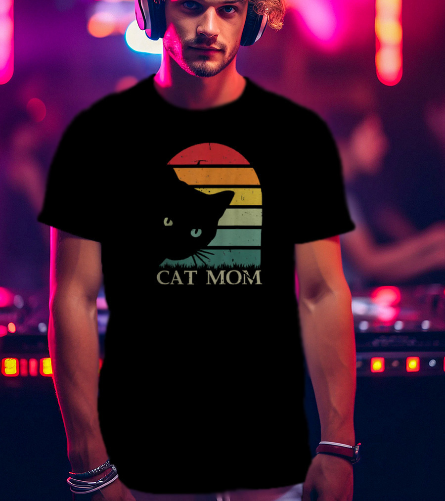 Vintage Cat Mom For Women Funny Cat Mom Mother Retro Sunset Cat T-Shirt