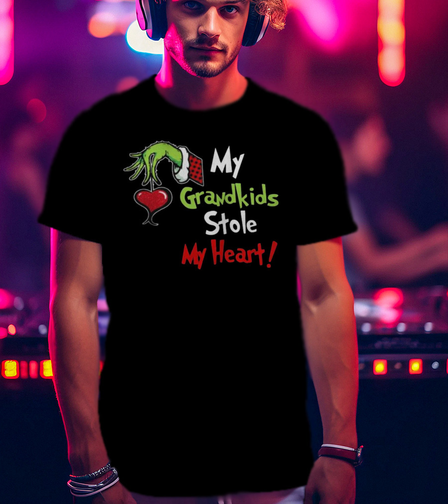 Grinch Green Monster Christmas My Grandkids Stole My Heart Kids Textured Sleeves T-Shirt