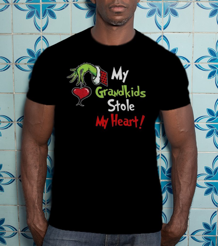Grinch Green Monster Christmas My Grandkids Stole My Heart Kids Textured Sleeves T-Shirt