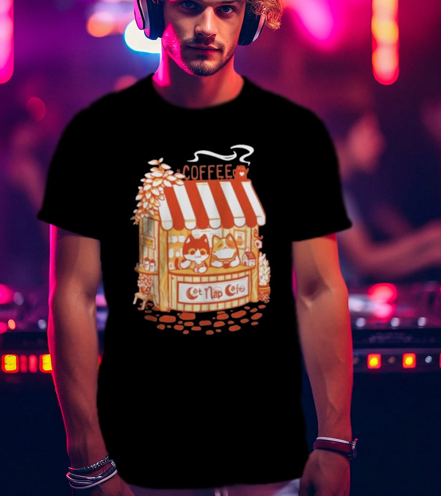 Lazy Cat Coffee Cat Nap Cafe Cozy Kiosk T-Shirt